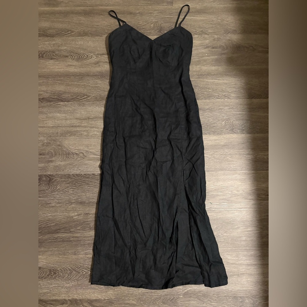 MNG slit 100% linen Elegant Black Midi Dress